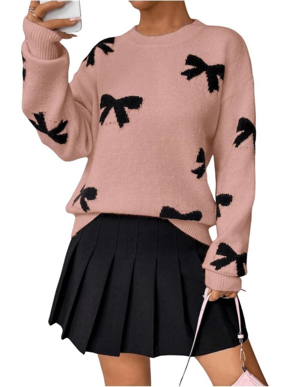 Cute Vintage Bow Sweater for Women | Long Sleeve Crewneck Oversized Casual Knit